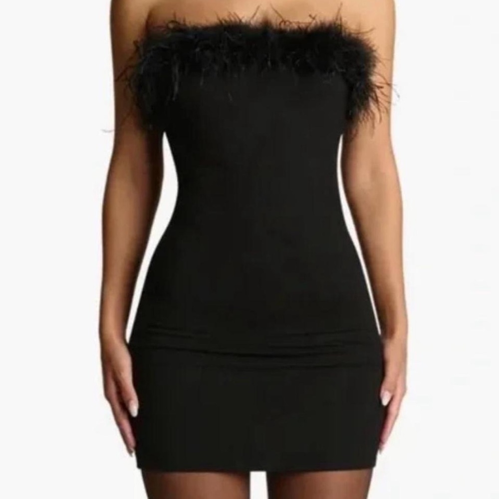 Naked Wardrobe Black Strapless Dress with Feather Accent